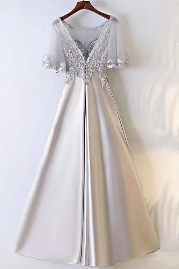 A-line Silver Satin Long Party Prom Dress With Illusion Neckline  PG689