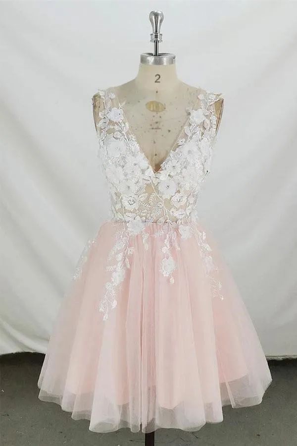 A-line V Neck Tulle Short Pink and White Homecoming Dress Short Prom Dress   PD350