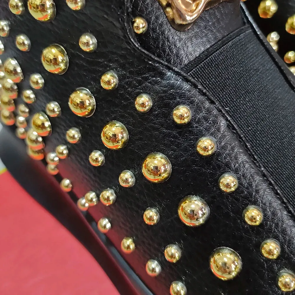 Black Leather Rivets Decoration Boots