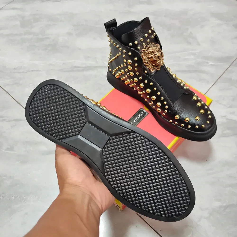 Black Leather Rivets Decoration Boots