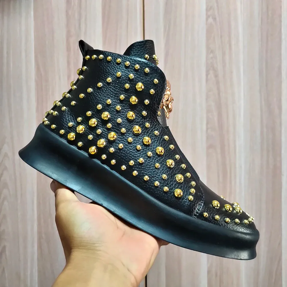 Black Leather Rivets Decoration Boots
