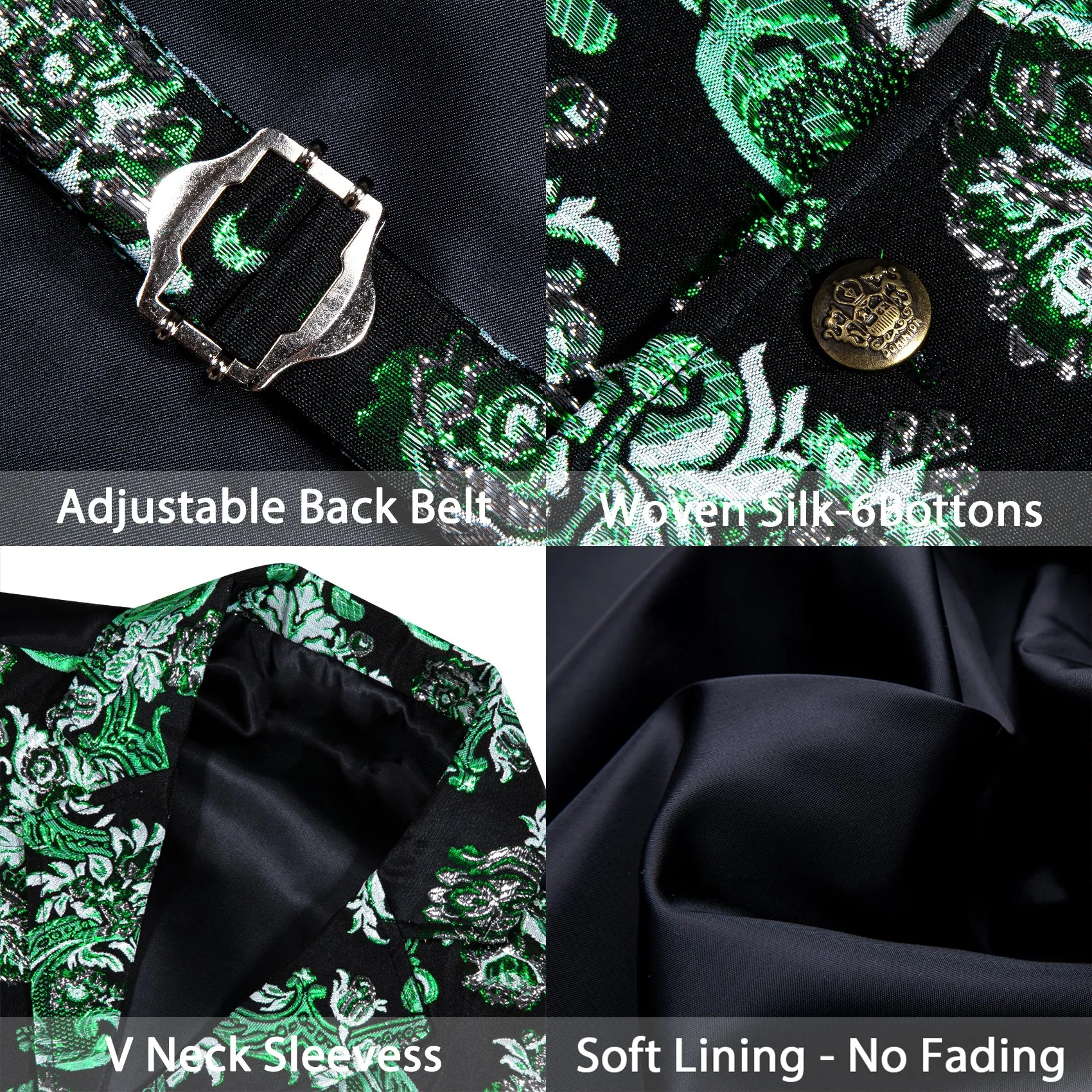 Black Mint Green Floral Jacquard Men's Collar Victorian Suit Vest