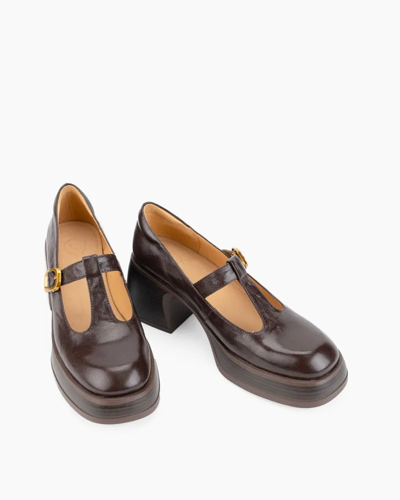 (Clean Up - US 6.5) T-Strap Platform Chunky Heel Mary Jane Pumps