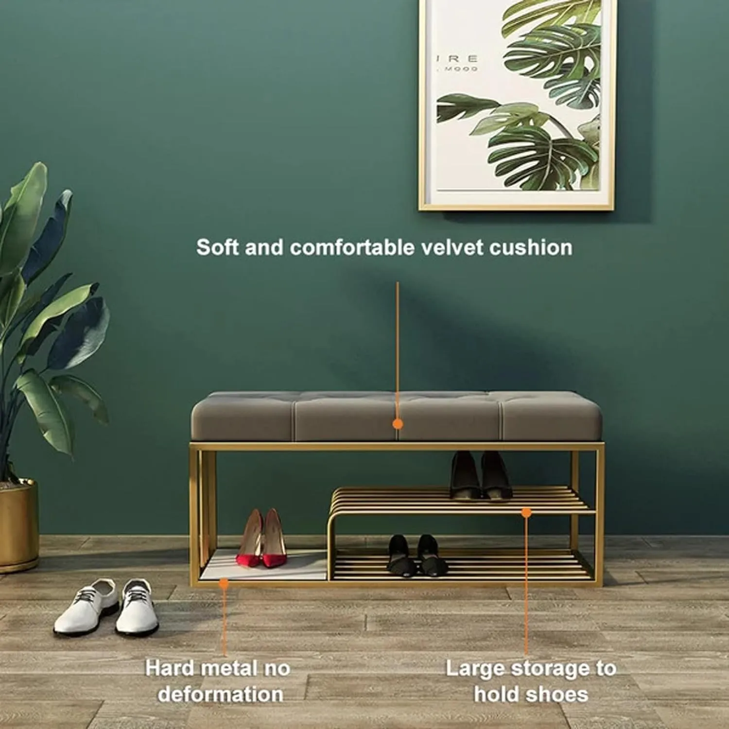 Dence Store End of Bed Bench-Upholstered Entry Shoe Storage with Nailhead Trim,Black Mental Frame Ottoman Bench for Bedroom Entry Window Mudroom Living Room (Dark Grey)