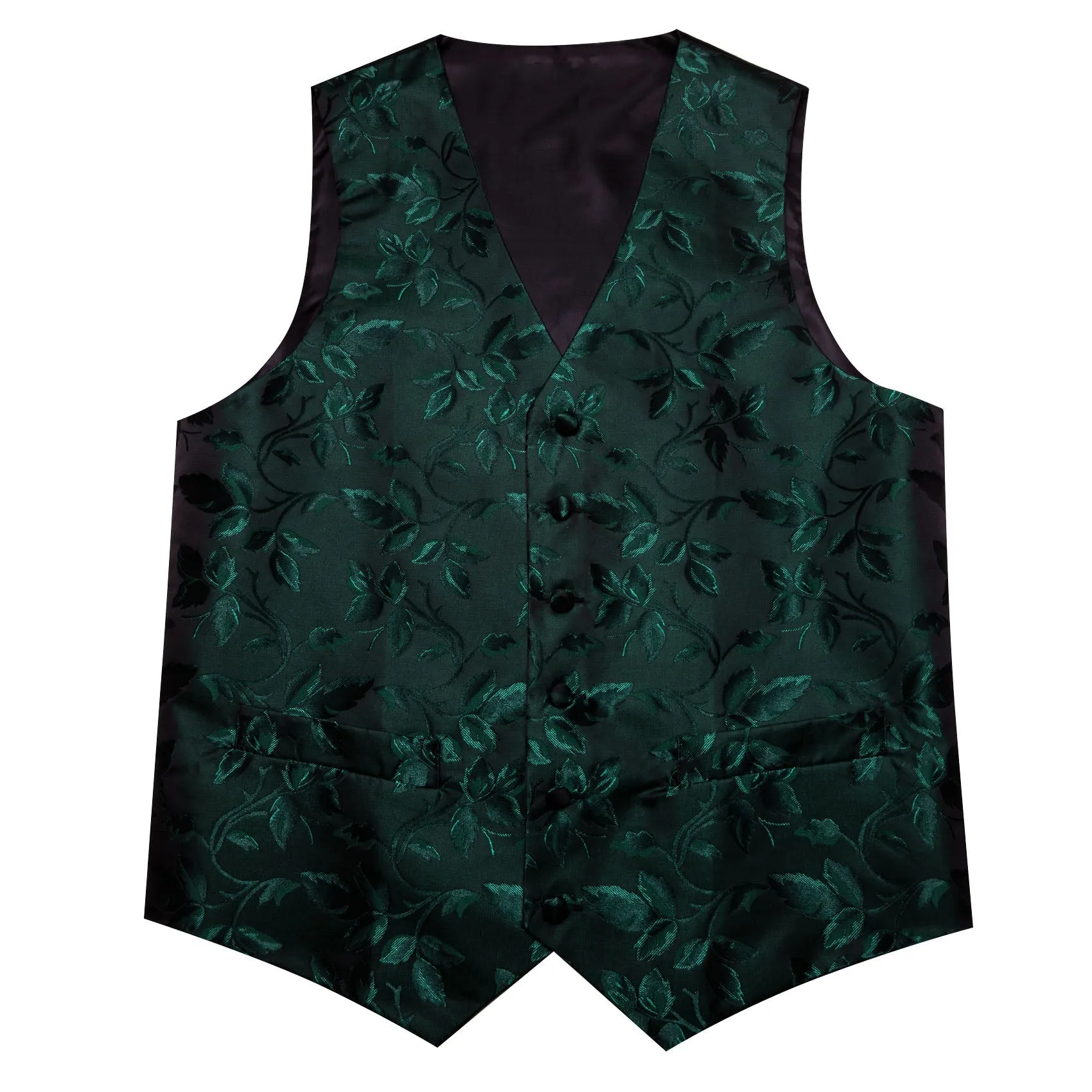 Green Black Floral Leaf Silk Men's Vest Hanky Cufflinks Tie Set