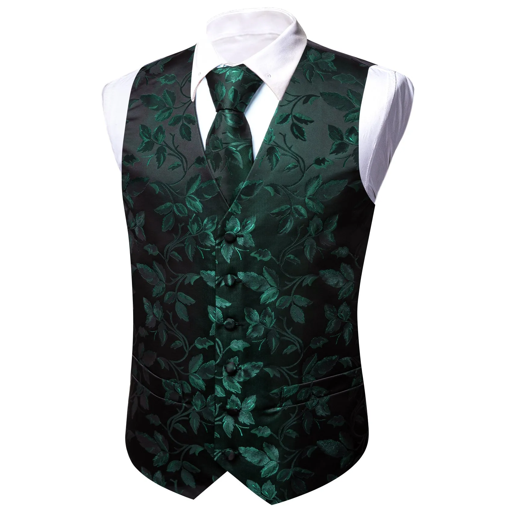 Green Black Floral Leaf Silk Men's Vest Hanky Cufflinks Tie Set
