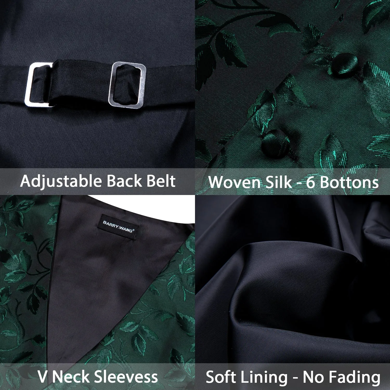 Green Black Floral Leaf Silk Men's Vest Hanky Cufflinks Tie Set