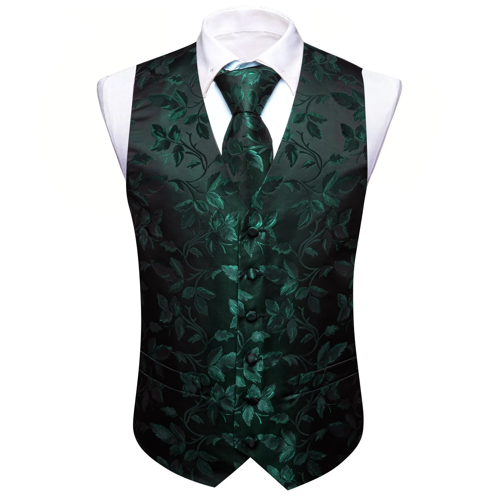 Green Black Floral Leaf Silk Men's Vest Hanky Cufflinks Tie Set