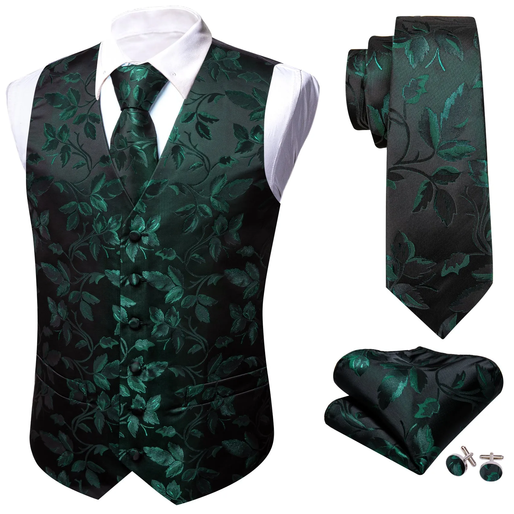 Green Black Floral Leaf Silk Men's Vest Hanky Cufflinks Tie Set