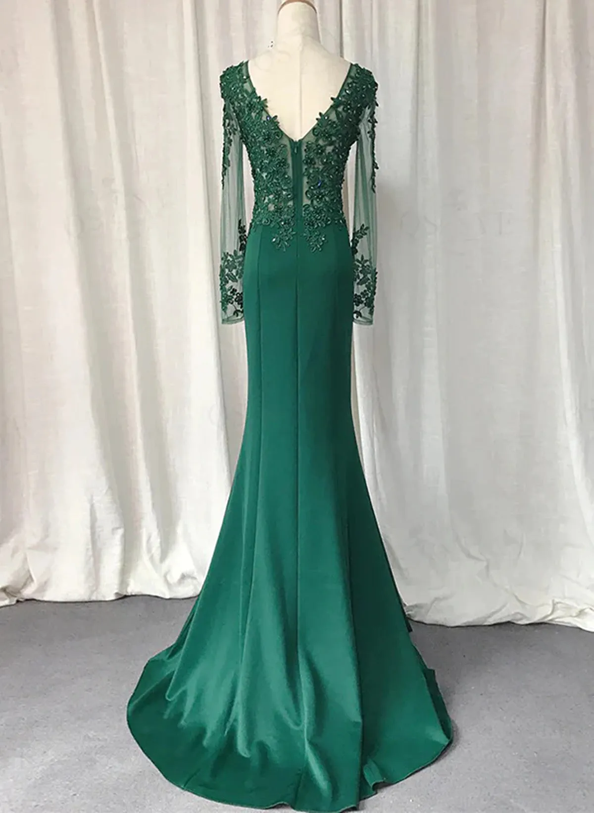 Green Mermaid Long Sleeves with Lace Applique Evening Dress, Green Prom Dress