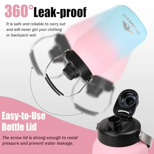 INSMEER 64Oz/1.9L Water Bottle with Double Wall Vacuum Insulation,18/8 Stainless Steel Wide Mouth Flask Sweat-Proof Bpa-Free Metal Insulated Water Bottles with Clean Brush(Pink)