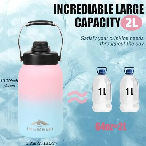INSMEER 64Oz/1.9L Water Bottle with Double Wall Vacuum Insulation,18/8 Stainless Steel Wide Mouth Flask Sweat-Proof Bpa-Free Metal Insulated Water Bottles with Clean Brush(Pink)