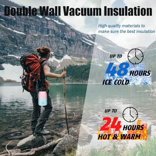 INSMEER 64Oz/1.9L Water Bottle with Double Wall Vacuum Insulation,18/8 Stainless Steel Wide Mouth Flask Sweat-Proof Bpa-Free Metal Insulated Water Bottles with Clean Brush(Pink)