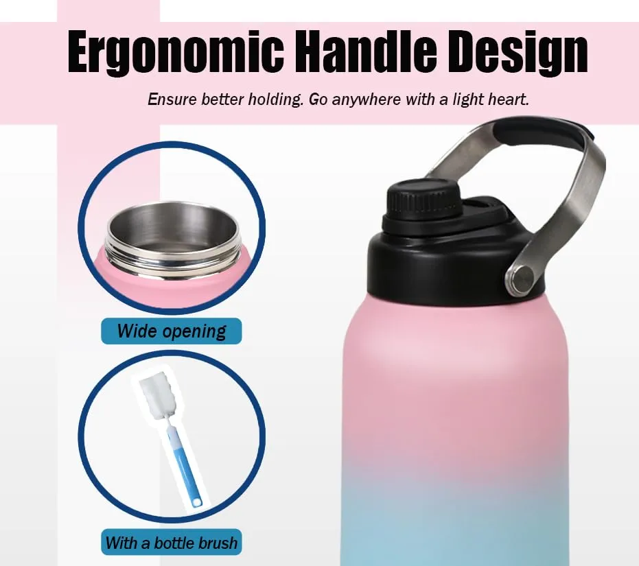 INSMEER 64Oz/1.9L Water Bottle with Double Wall Vacuum Insulation,18/8 Stainless Steel Wide Mouth Flask Sweat-Proof Bpa-Free Metal Insulated Water Bottles with Clean Brush(Pink)