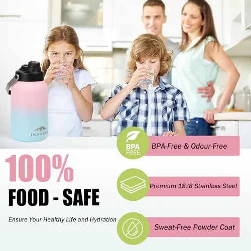 INSMEER 64Oz/1.9L Water Bottle with Double Wall Vacuum Insulation,18/8 Stainless Steel Wide Mouth Flask Sweat-Proof Bpa-Free Metal Insulated Water Bottles with Clean Brush(Pink)