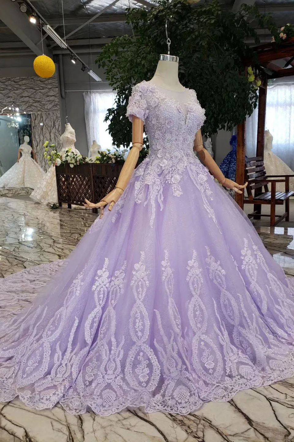 Lilac Ball Gown Short Sleeves Prom Dresses with Sheer Neck, Gorgeous Quinceanera Dress UQ1735