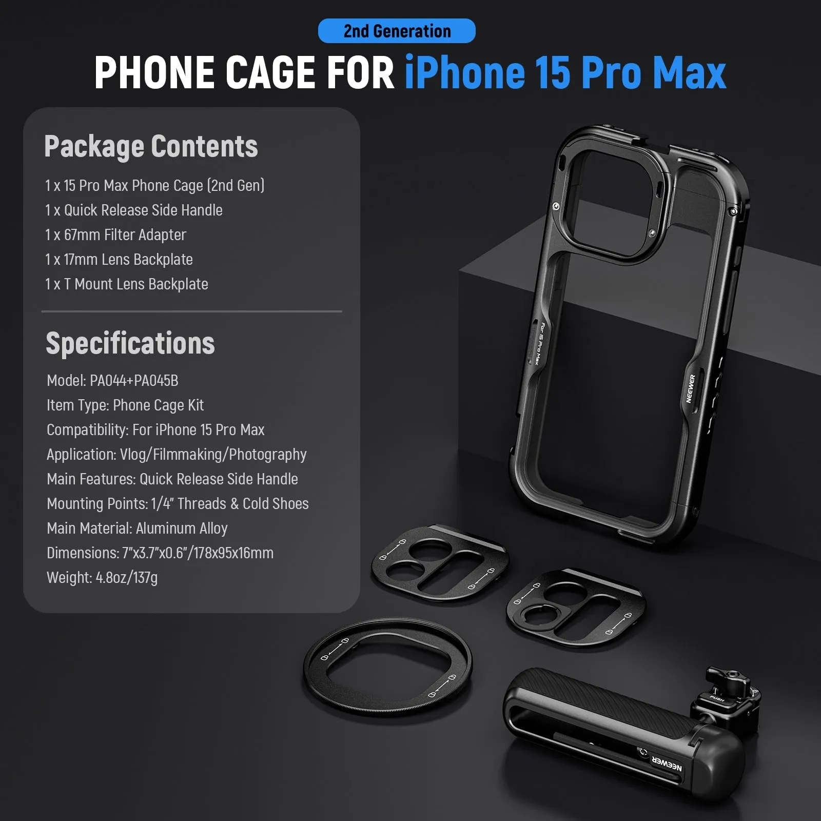 NEEWER PA044 PA045B 2nd Generation Phone Cage Kit for iPhone 15 Pro Max