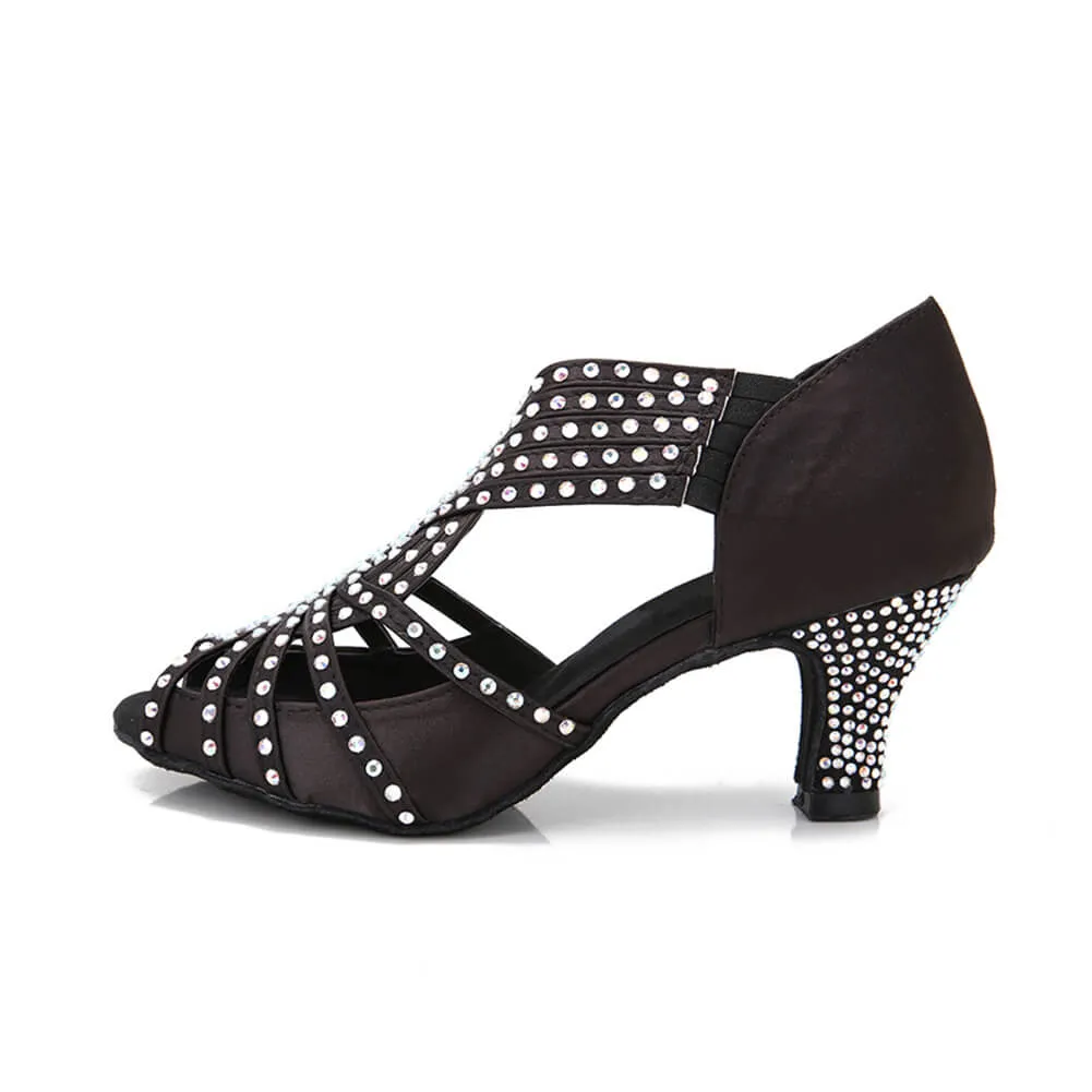 Rhinestone Ballroom Dance Shoes Black Satin Latin Salsa Dancing Shoes
